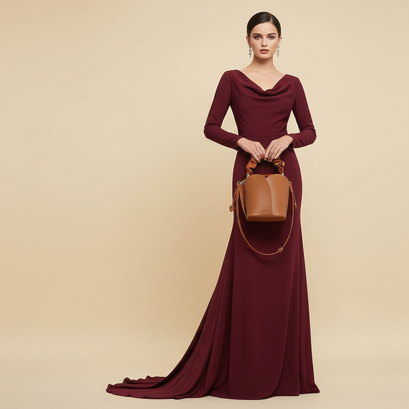 Beautiful Model in Evening Gown with Luxury Handbag